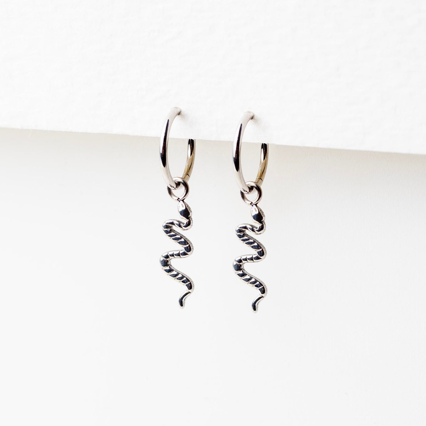 Viper Removable Snake Drop Charm Titanium Huggie Earrings