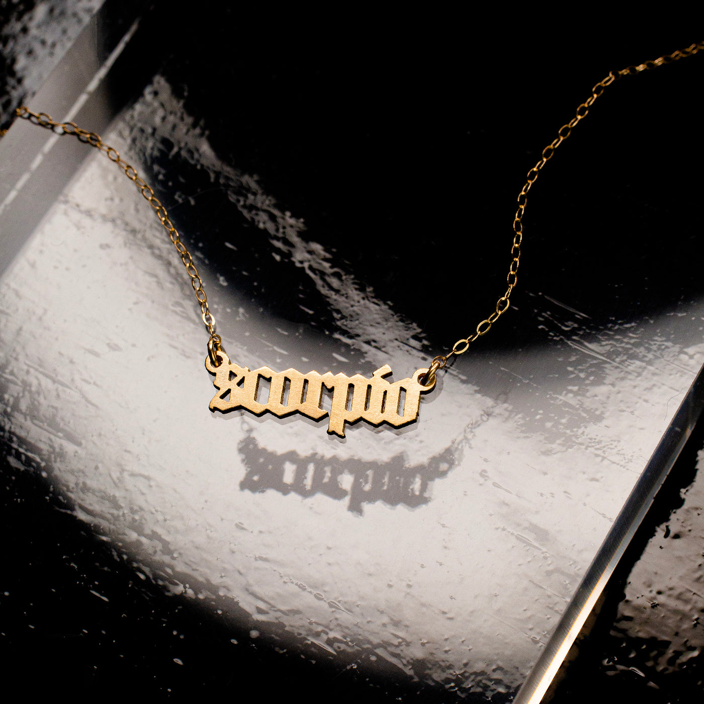 Zodiac Sign Astrology Script Necklace - 14K Solid Gold