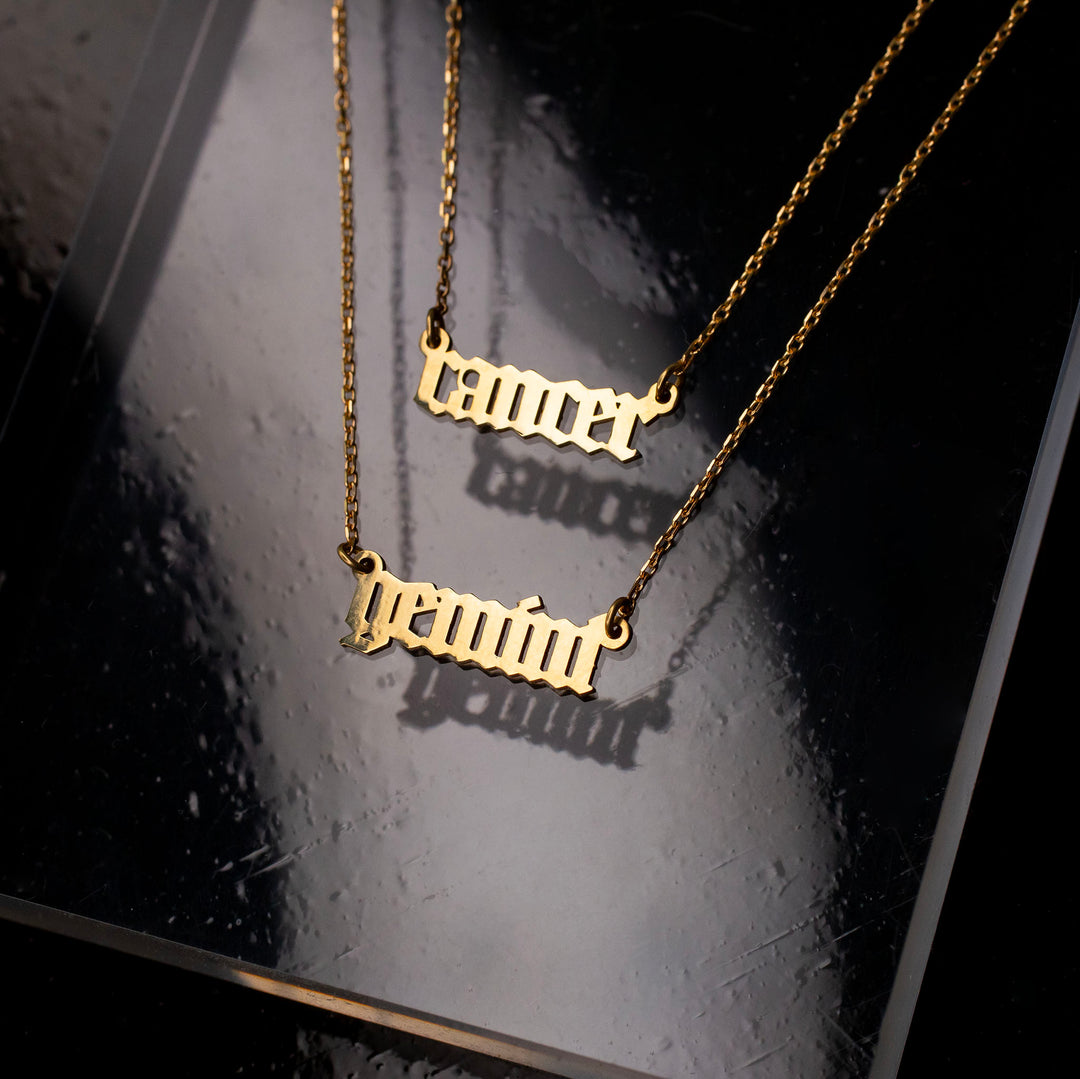 Zodiac Sign Astrology Script Necklace 14k Solid Gold – Grayling