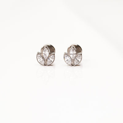 Leaf Marquise Flat Back Earrings - Three Inlaid Crystals