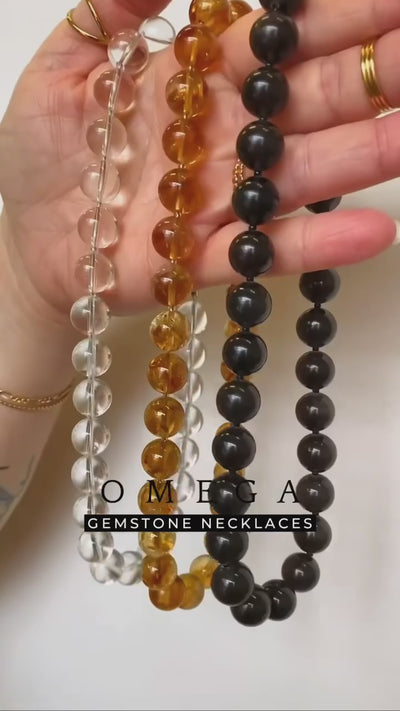 Omega Clear Quartz Gemstone Strand Statement Necklace with Magnetic Clasp