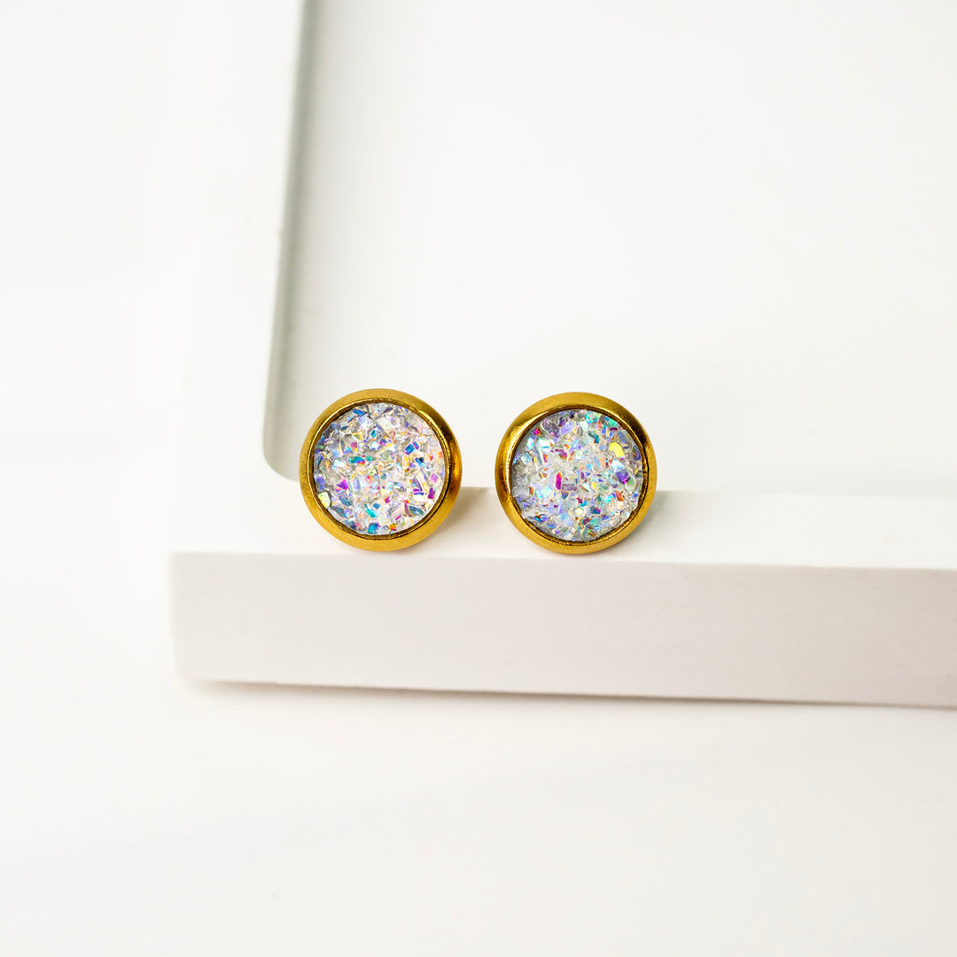 Round Druzy Earrings Iridescent Opal With Silver Trim – Strands