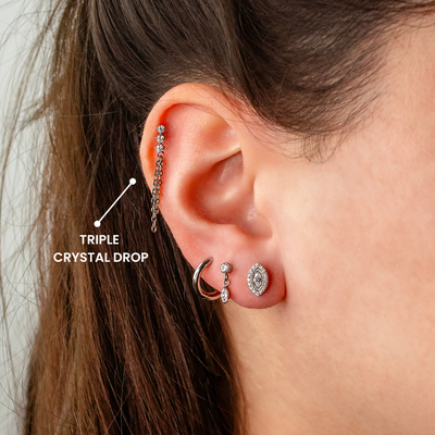 Triple Crystal Drop Chain Flat Back Sleeper Earrings